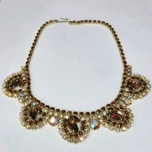 Topaz Aurora Borealis Rhinestone 1950 Choker With Molded Art Glass Leave **READ*